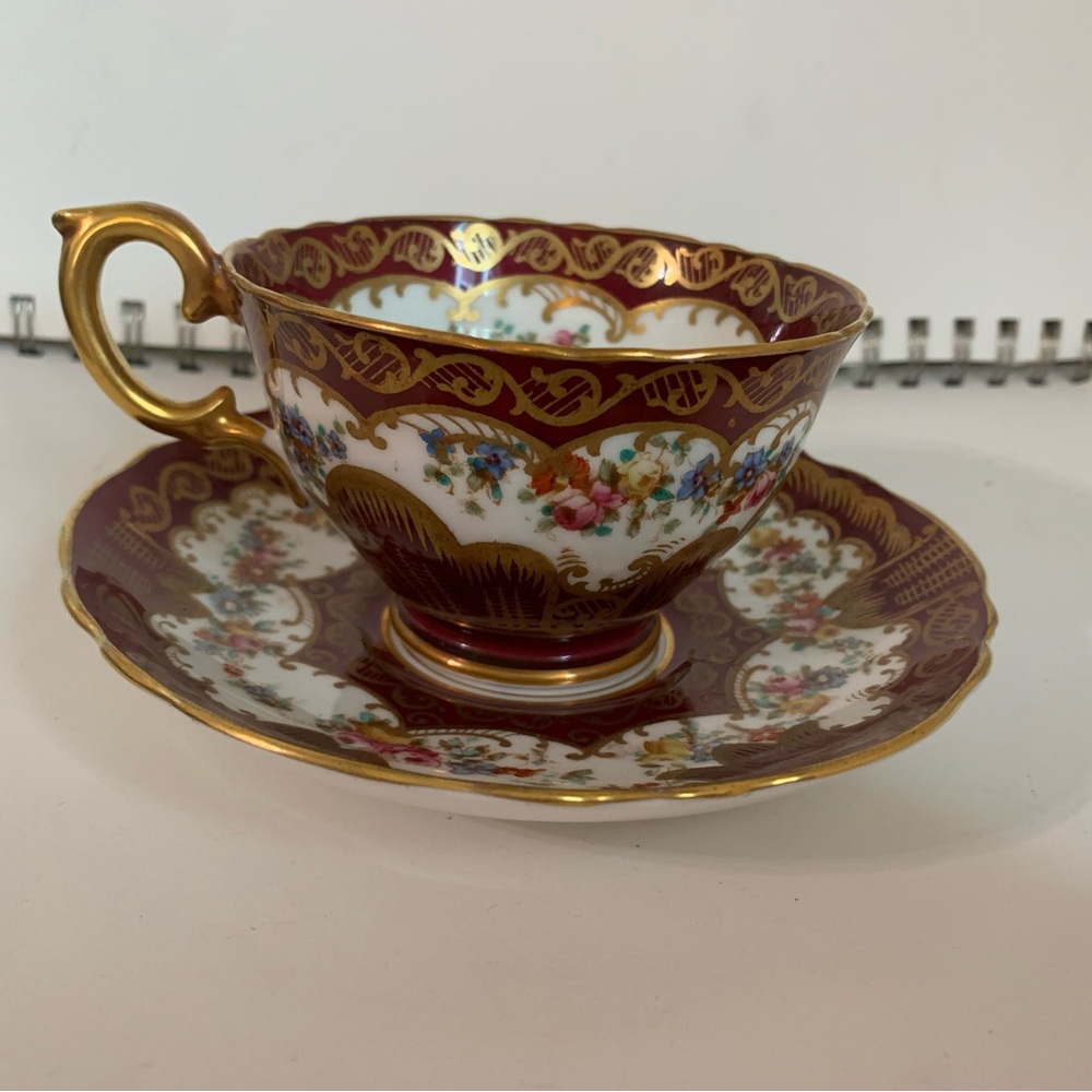 Vintage Staffordshire Ornate Maroon And Gold Tea Cup & Saucer